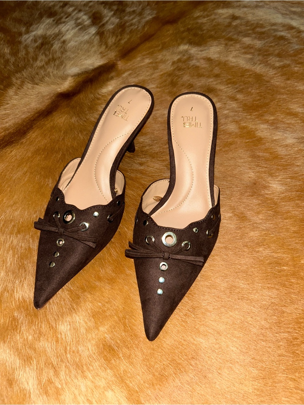 Time and Tru Brown Pointed Suede Mule Heels with Eyelet Accents